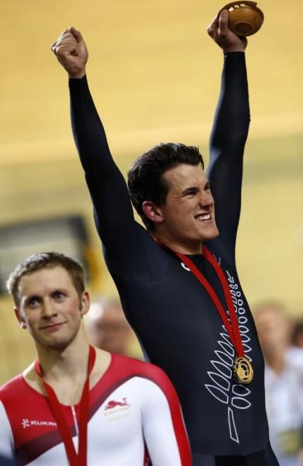Sam Webster (New Zealand) celebrates his sprint gold medal at the Commonwealth Games