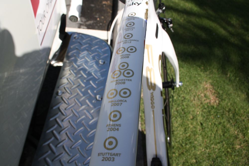 All of Wiggins' major wins are lined out on the bike's top tube
