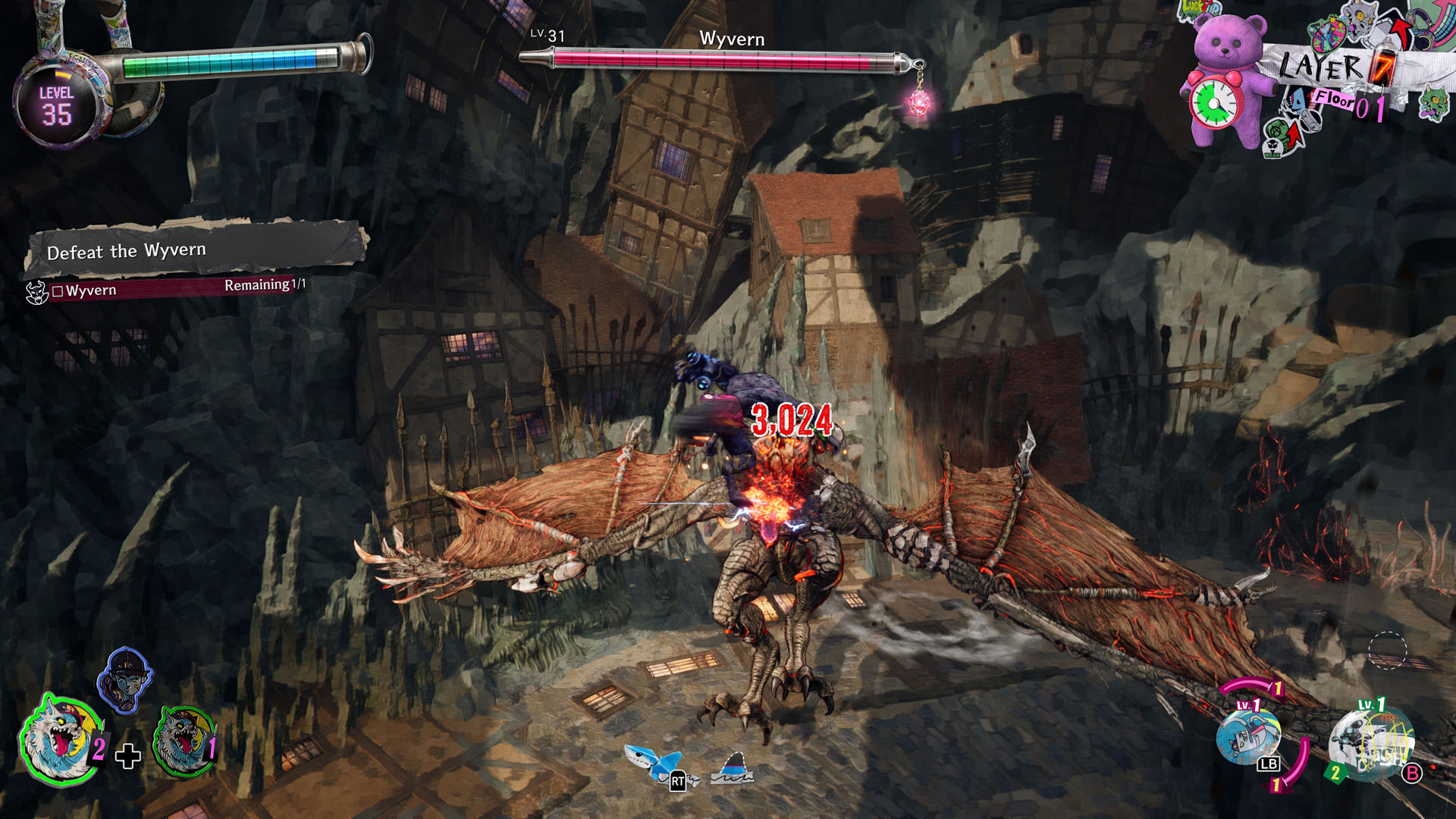 In werewolf form, Davy performs an aerial combo on a wyvern in Stupid Never Dies