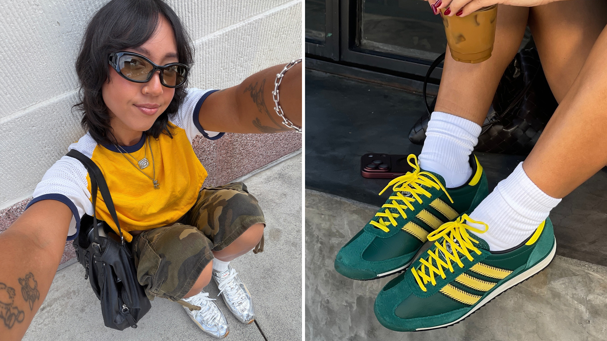 @shhtephs wearing a Baseball tee, camo shorts, and silver sneakers; @michelleinfusino wearing green and yellow Adidas sneakers