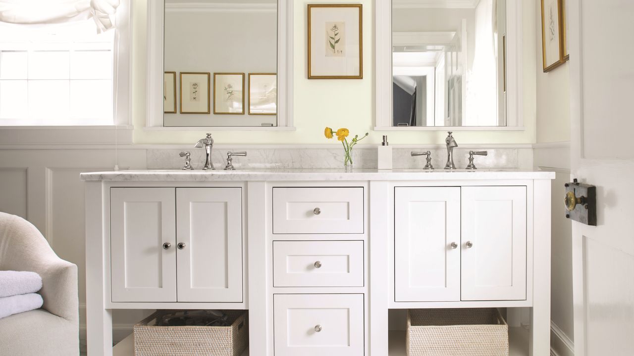 Bathroom ideas that add value - Bathroom with double sink vanity in Benjamin Moore Paper White