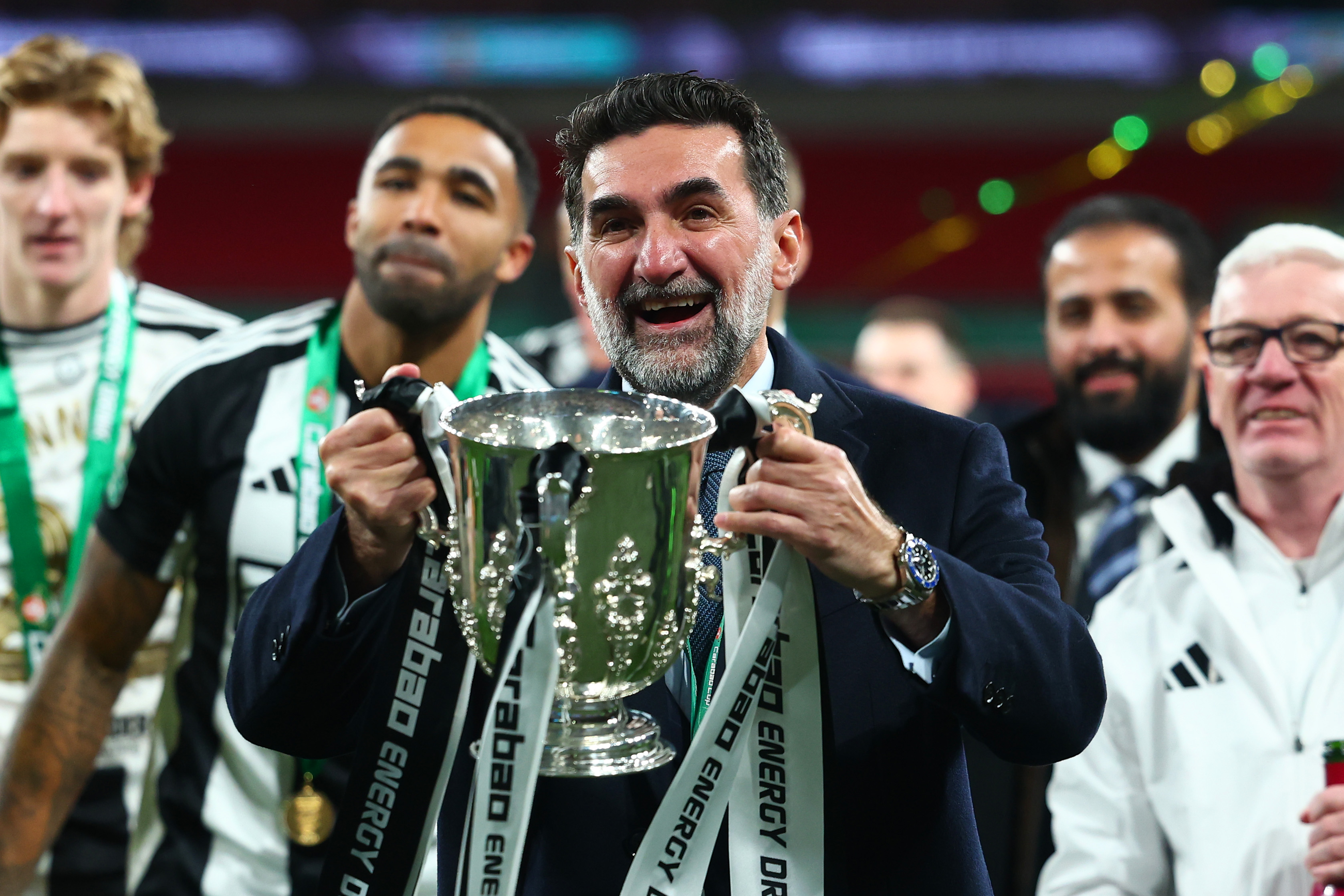 Newcastle chairman Yasir Al-Rumayyan celebrates the club's Carabao Cup triumph