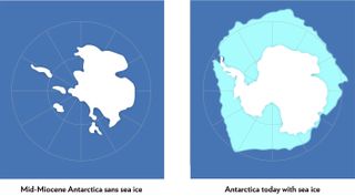 About 15 million years ago, when atmospheric carbon dioxide levels ranged from 400 to 600 ppms, Antarctica lacked sea ice (left). Today, the continent is surrounded by sea ice (right), which is threatened by climate change.