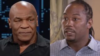 Mike Tyson split image with Lennox Lewis