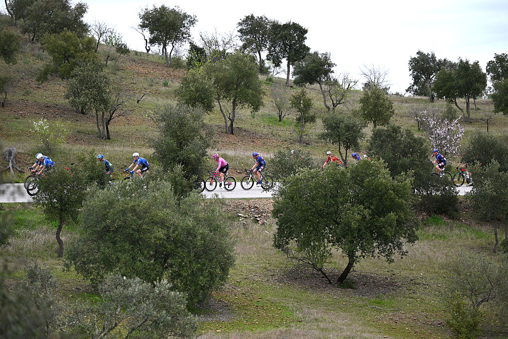 TAVIRA, PORTUGAL - FEBRUARY 18: A general view of the peloton competing during the 52nd Volta ao Algarve em Bicicleta 2026 - Stage 1 a 183.5km stage from Vila Real de Santo Antonio to Tavira on February 18, 2026 in Tavira, Portugal. (Photo by Dario Belingheri/Getty Images)