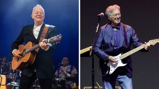 Left-Tommy Emmanuel performs at Ryman Auditorium on March 16, 2022 in Nashville, Tennessee; Right-Eric Clapton performs onstage during Day 1 of Eric Clapton's Crossroads Guitar Festival at Crypto.com Arena on September 23, 2023 in Los Angeles, California