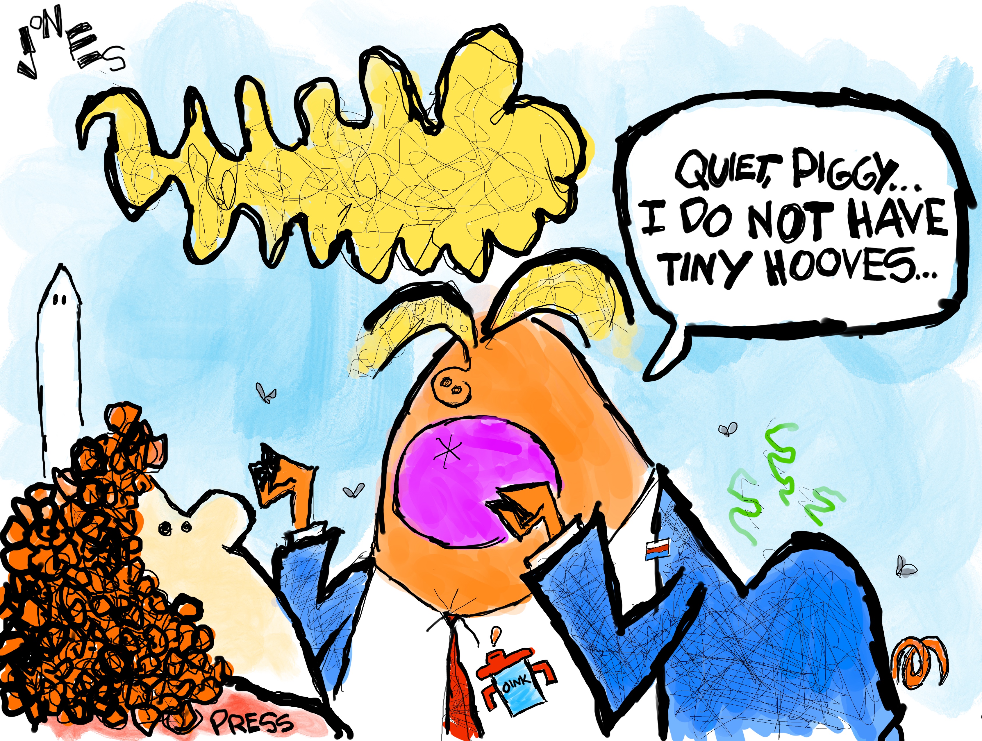 A caricature of Donald Trump is drawn in a comic style. He has a curly tail and little hands that look like hooves. He speaks to a female member of the press and says, &amp;ldquo;Quiet, piggy. I do not have tiny hooves&amp;hellip;&amp;rdquo;