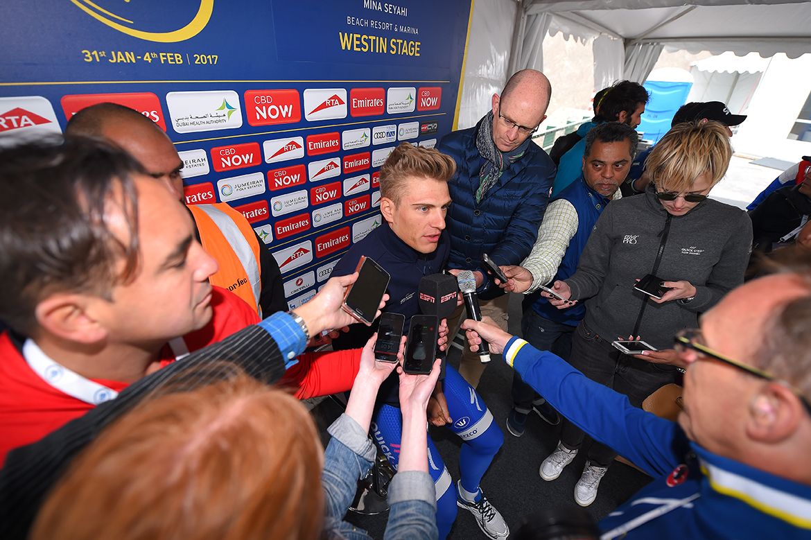 Marcel Kittel talks to the press after the news that the stage would be cancelled