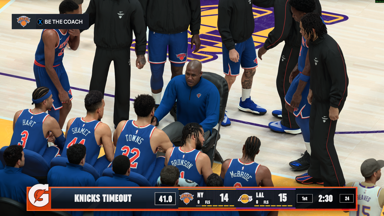 A coach giving a timeout speech in NBA 2K27 with DLSS 5 on
