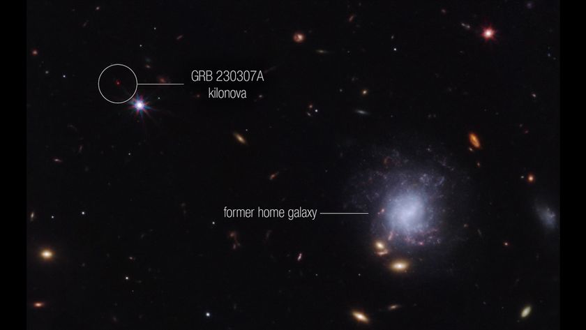 An image of outer space with a galaxy and GRB 230307A labeled 