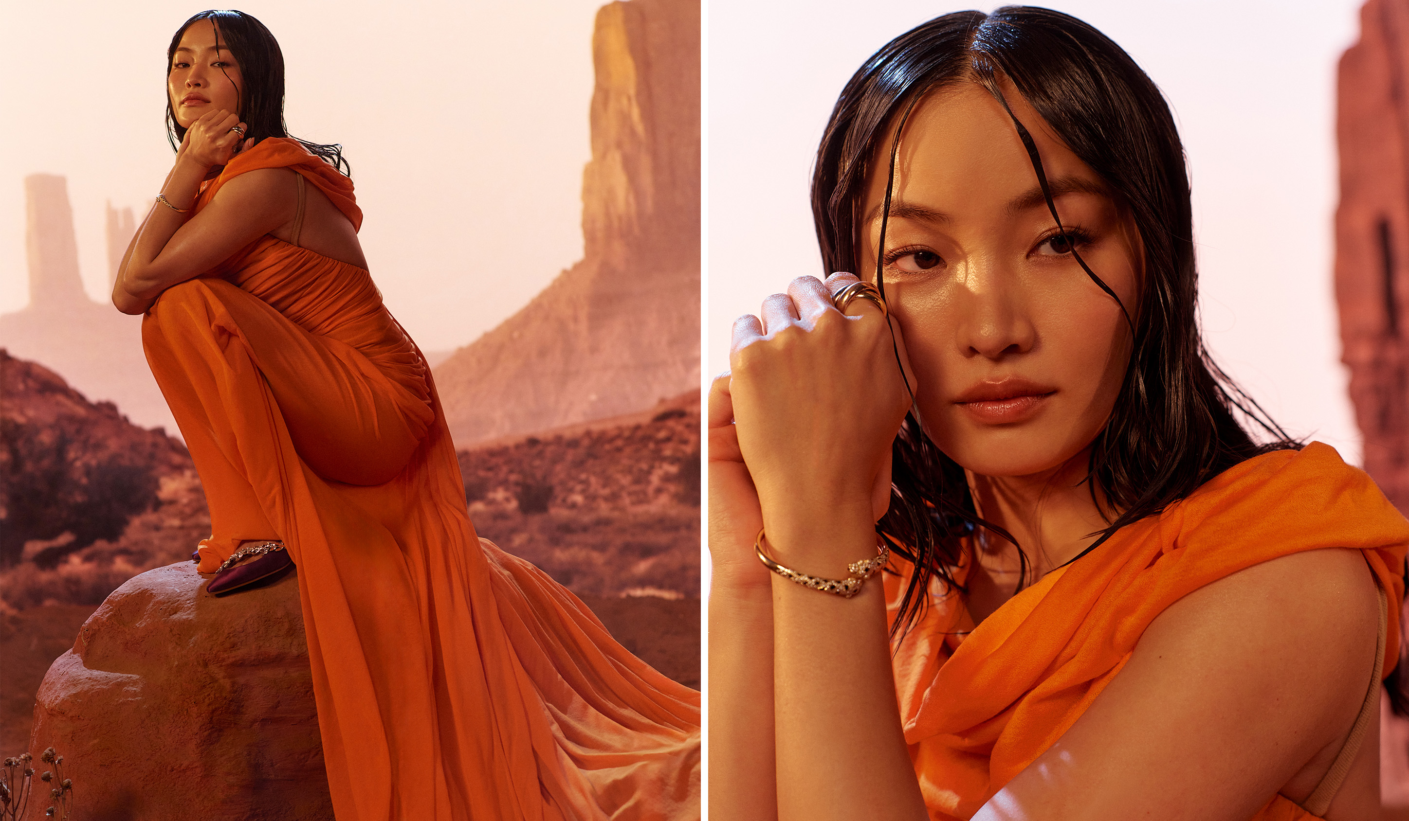 Two portraits of Anna Sawai in an orange dress, seated on a rock and looking into the camera.