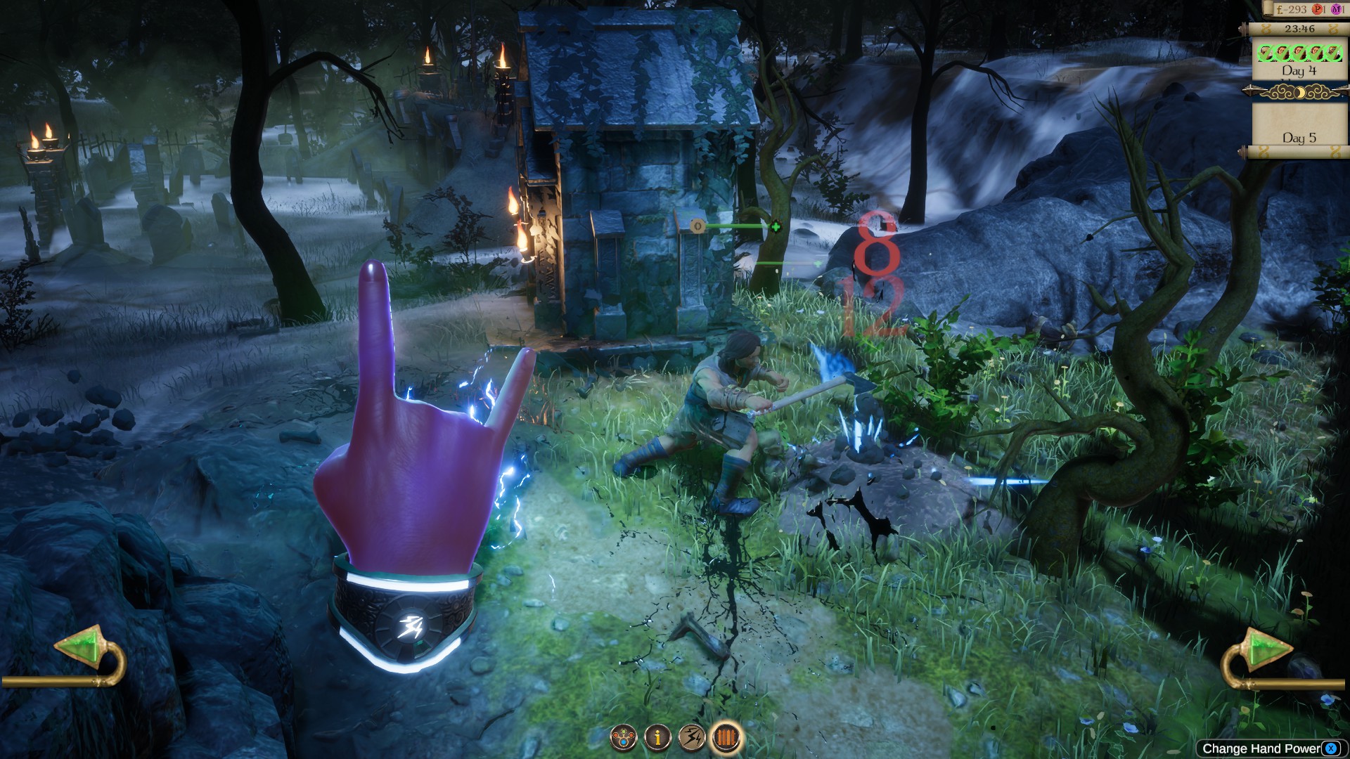 A hand hovers while a warrior cuts down zombies