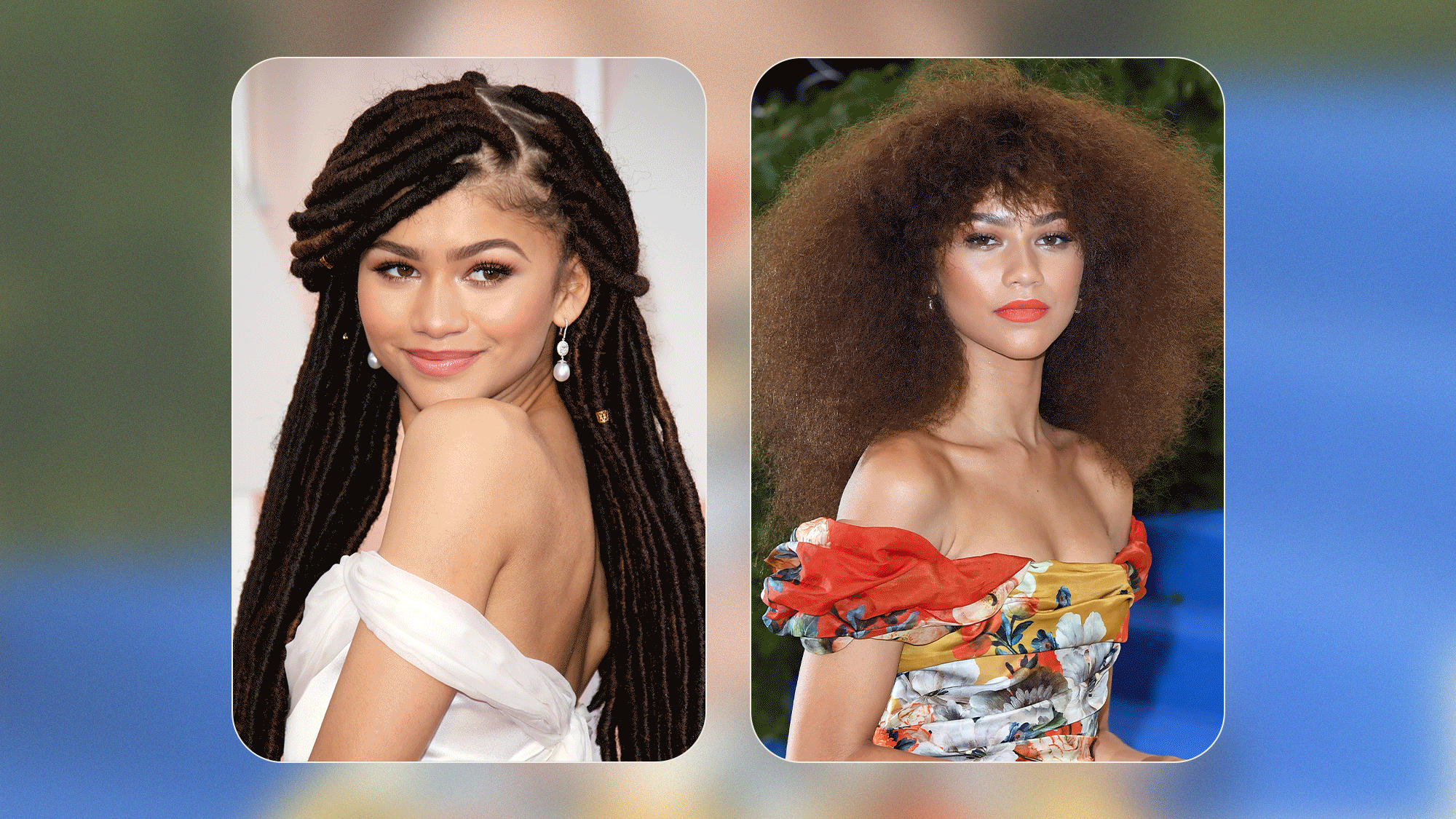 Collage of Zendaya's best beauty looks of all time.