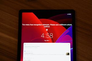 An error message "Too many face recognition attempts. Please try a different unlock method" on the Lenovo Tab P11 Plus