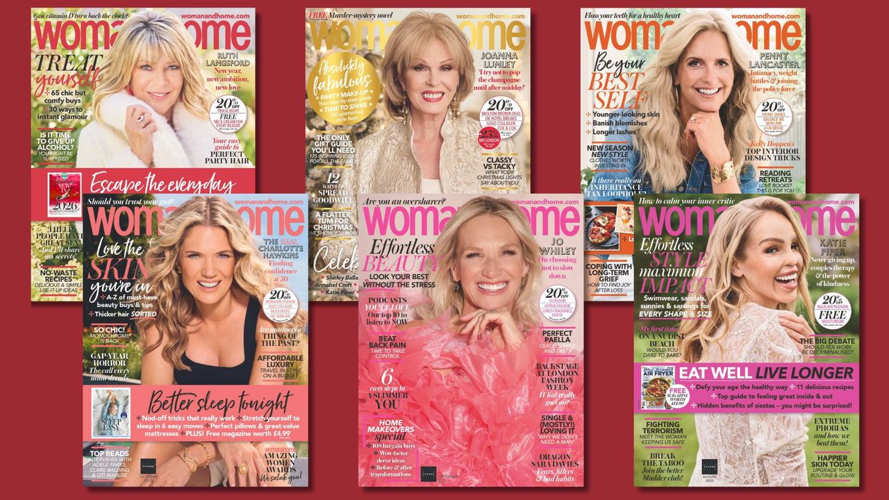 woman&amp;home magazine covers for the Jan 2026-Aug 2025 issues, featuring Ruth Langsford, Joanna Lumley, Penny Lancaster, Charlotte Hawkins, Jo Whiley, and Katy Piper