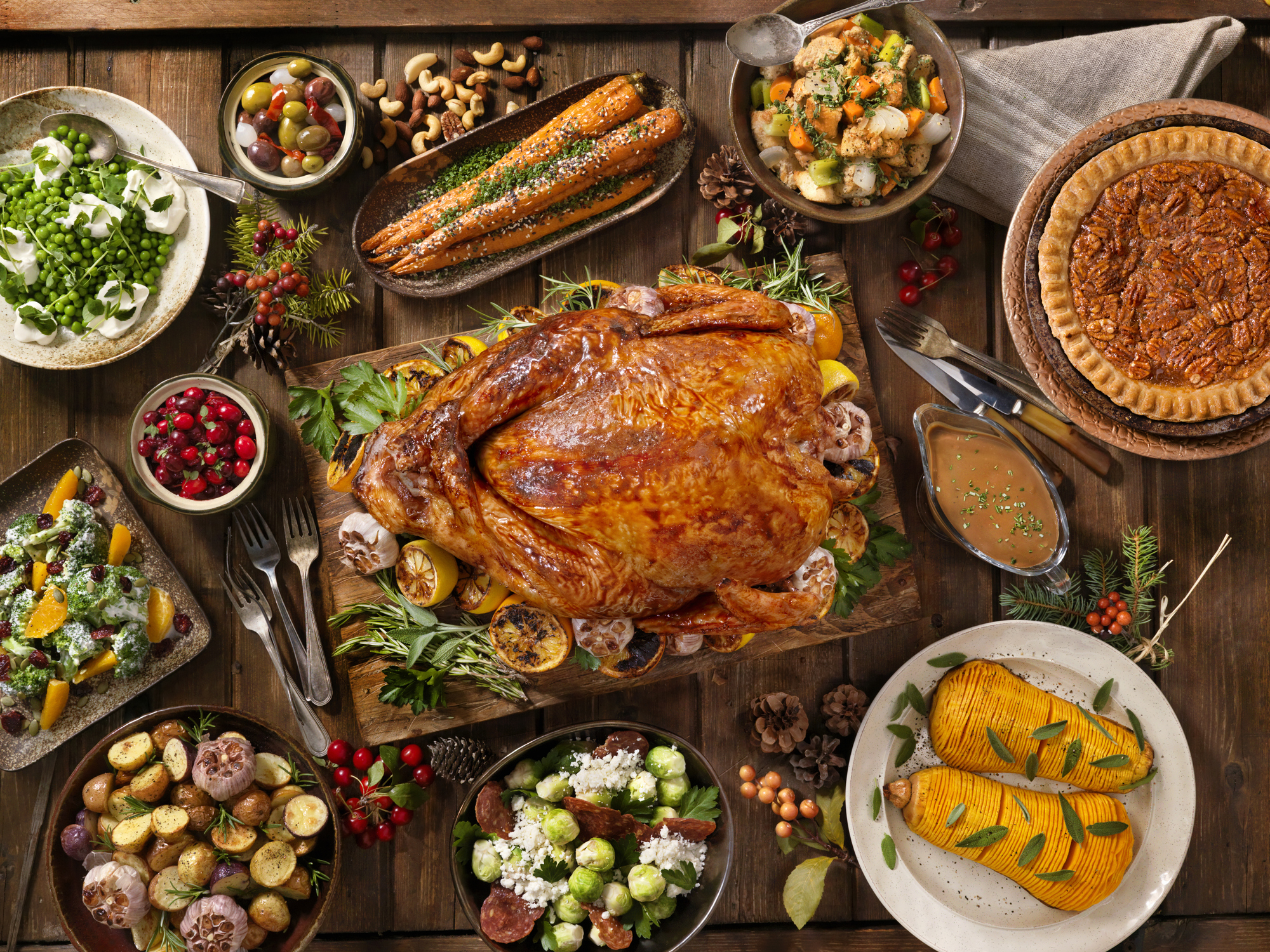 Christmas turkey with all the trimmings on a set table.