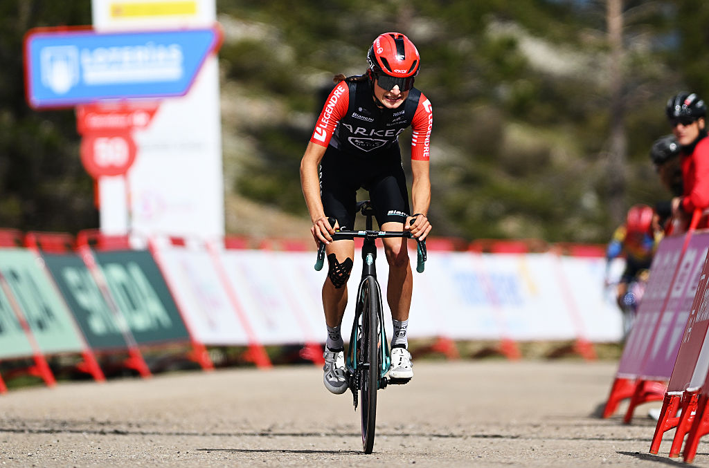 LAGUNAS DE NEILA, SPAIN - MAY 08: Valentina Cavallar of Austria and Team Arkea - B&amp;amp;B Hotels Women crosses the finish line during the 11th La Vuelta Femenina 2025, Stage 5 a 120.4km stage from Golmayo to Lagunas de Neila 1867m / #UCIWT / on May 08, 2025 in Lagunas de Neila, Spain. (Photo by Szymon Gruchalski/Getty Images)