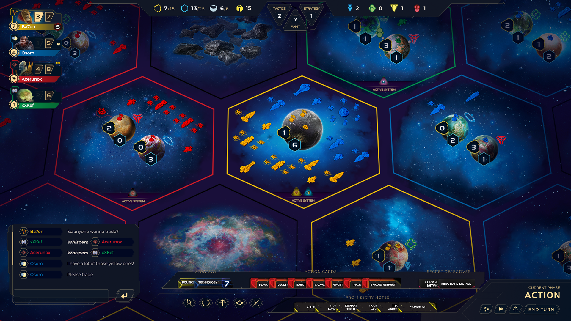 Opposed forces array in battle lines around a planet in Twilight Imperium Digital.