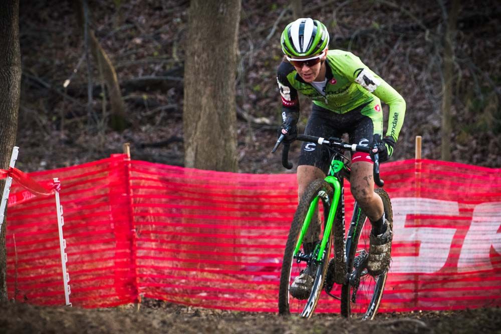 Kaitlin Antonneau (Cannondale pb Cyclocrossworld) makes her way through the wooded section of the course