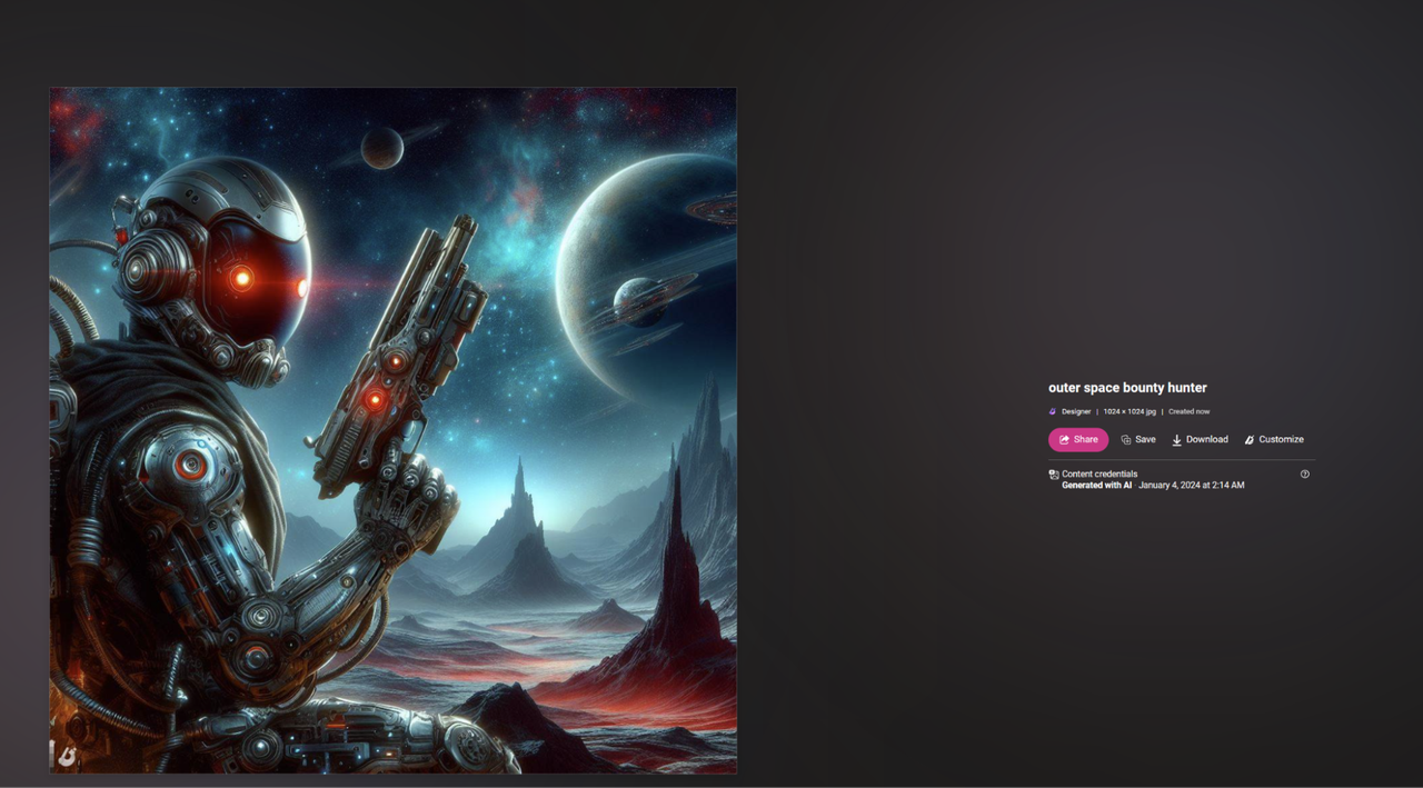 Bing Image Generator response to outer space bounty hunter