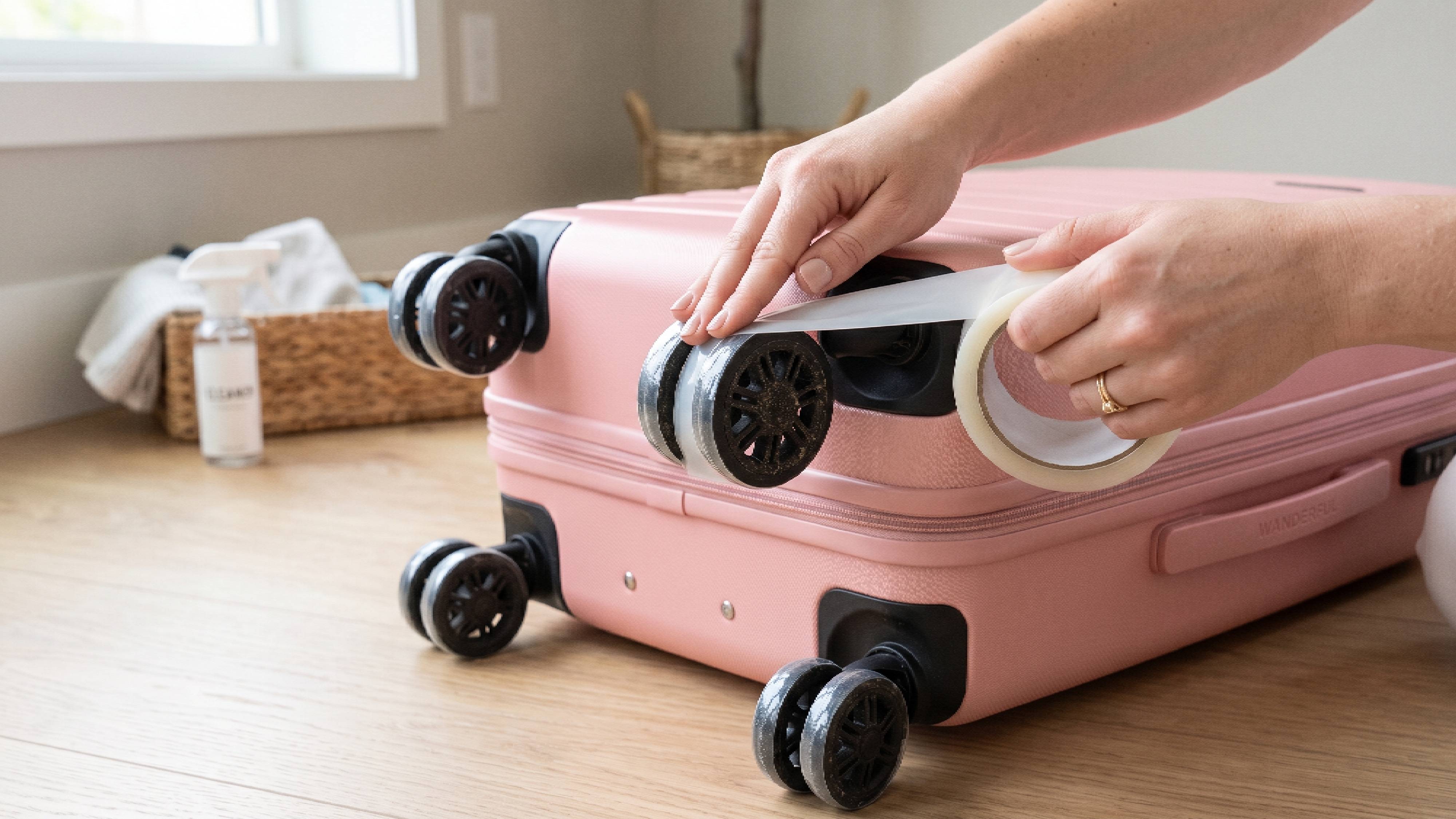 Suitcase wheels being wrapped in tape for protection