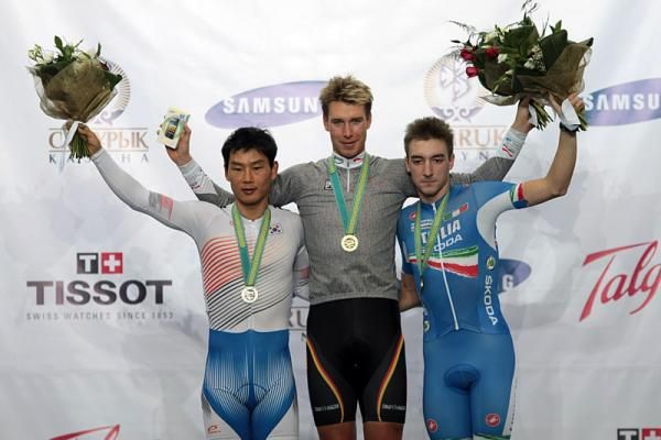 Men's omnium podium (l-r): Ho Sung Cho, Roger Kluge, Elia Viviani