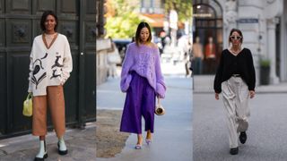 A composite of street style influencers showing how to style oversized sweaters with wide leg trousers