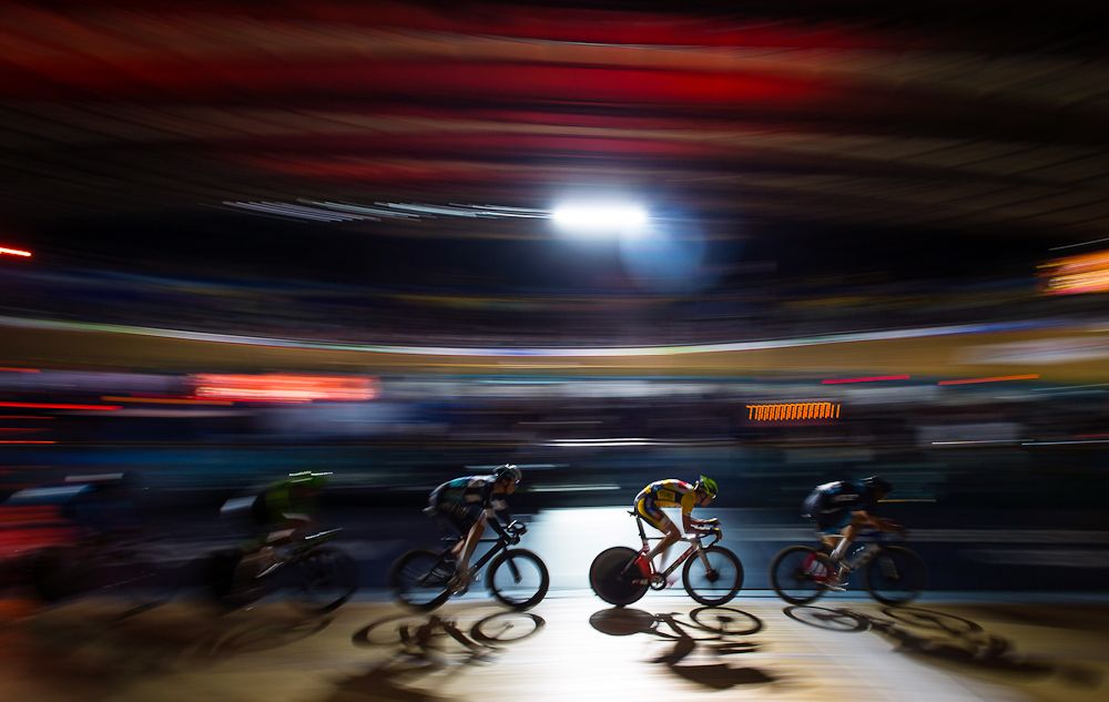 Riders in action during the the Elimination race round of the 1878 Cup during day one of the London Six Day Race at the Lee Valley Velopark