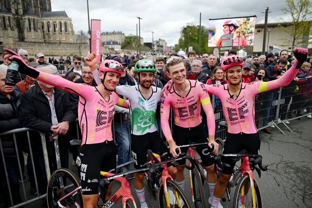 LE MANS FRANCE APRIL 05 LR Darren Rafferty of Ireland Ben Healy of Ireland stage winner Marijn van den Berg of The Netherlands and Lukas Nerurkar of The United Kingdom and Team EF Education EasyPost celebrate at finish line during the 70th Region Pays de la Loire Tour 2024 Stage 4 a 1749km stage from MarolleslesBraults to Le Mans on April 05 2024 in Le Mans France Photo by Dario BelingheriGetty Images