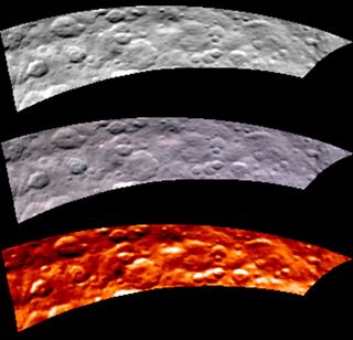 The same portion of the dwarf planet Ceres' northern hemisphere appears three times, first in black and white (top), then true-color (middle) and finally in infrared to show temperature. Dawn captured these observations of Ceres on May 16, 2015.