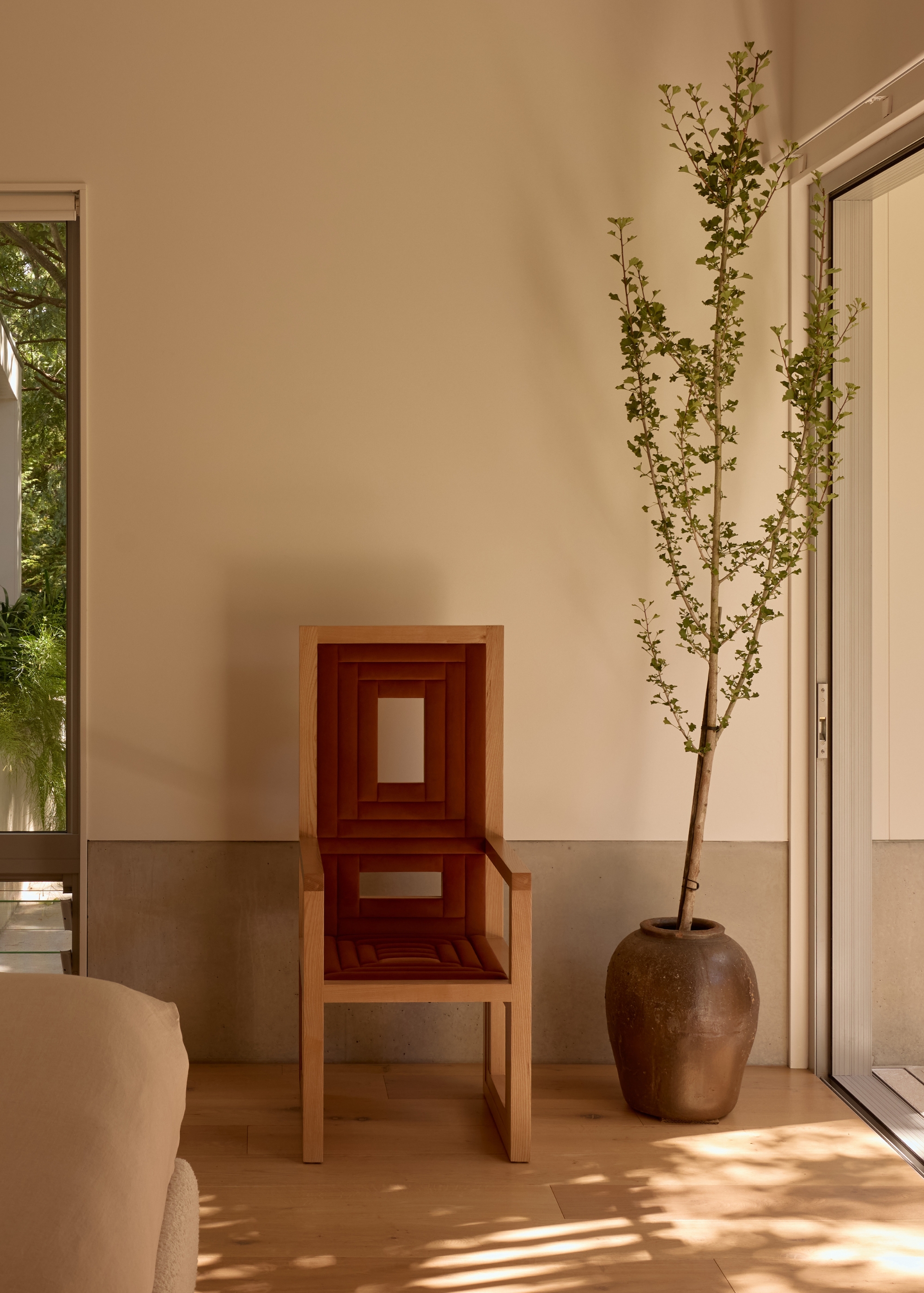 A living room with dappled light, a red wooden accent chair, and a potted tree