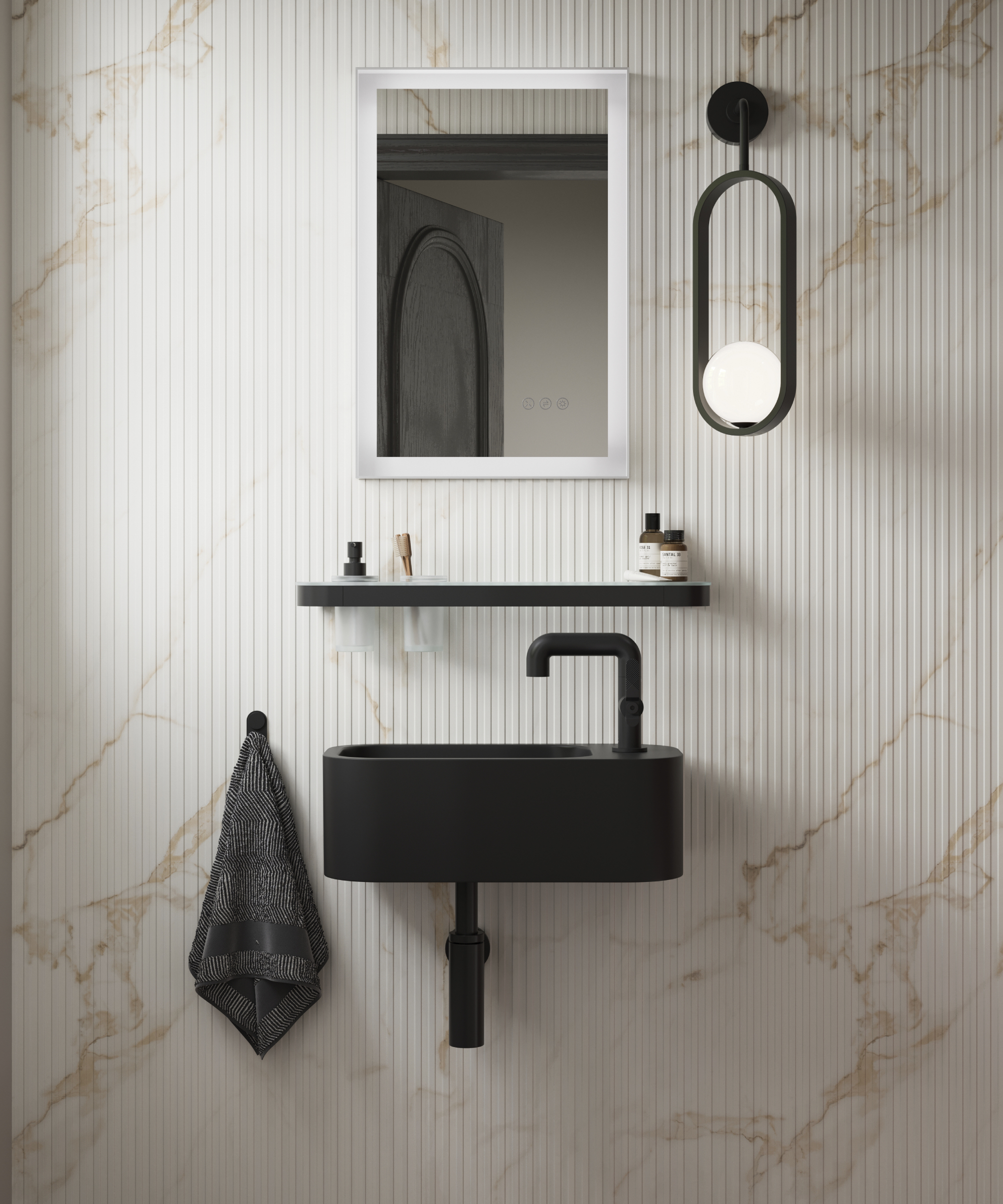 fluted cream and brown marble effect wall panel with black sink, shelf, light and mirror
