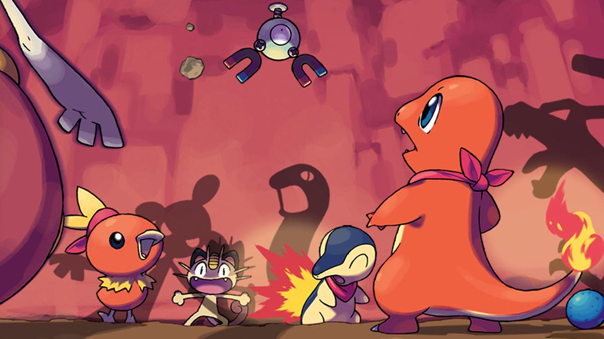 Pokemon Mystery Dungeon: Red Rescue Team cover art showing a group of four Pokemon gathered around a Magnemite mid-air