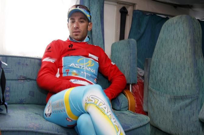 Vuelta leader Vincenzo Nibali (Astana) warm, dry and out of the elements at the finish of stage 14