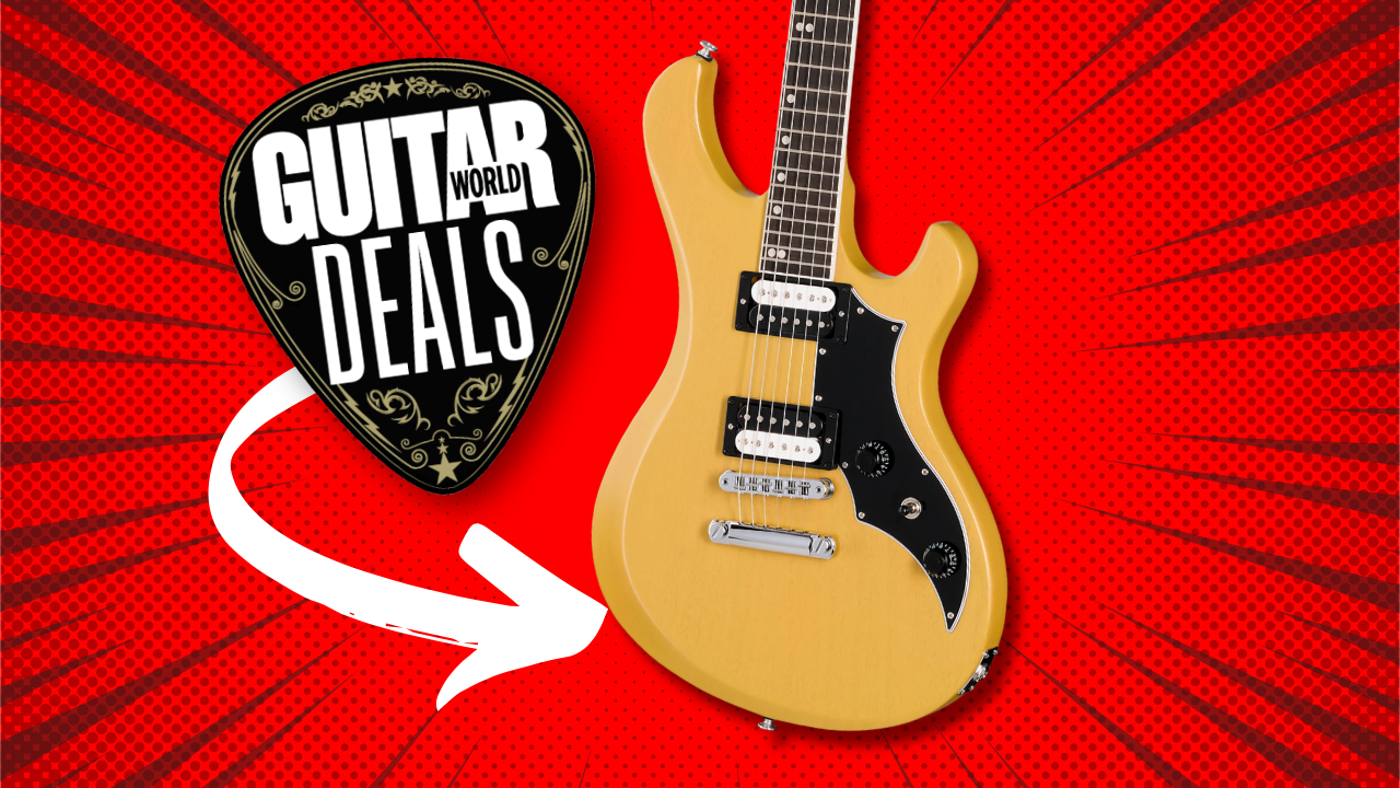 A yellow Gibson Victory guitar on a red background with the Guitar World deals logo
