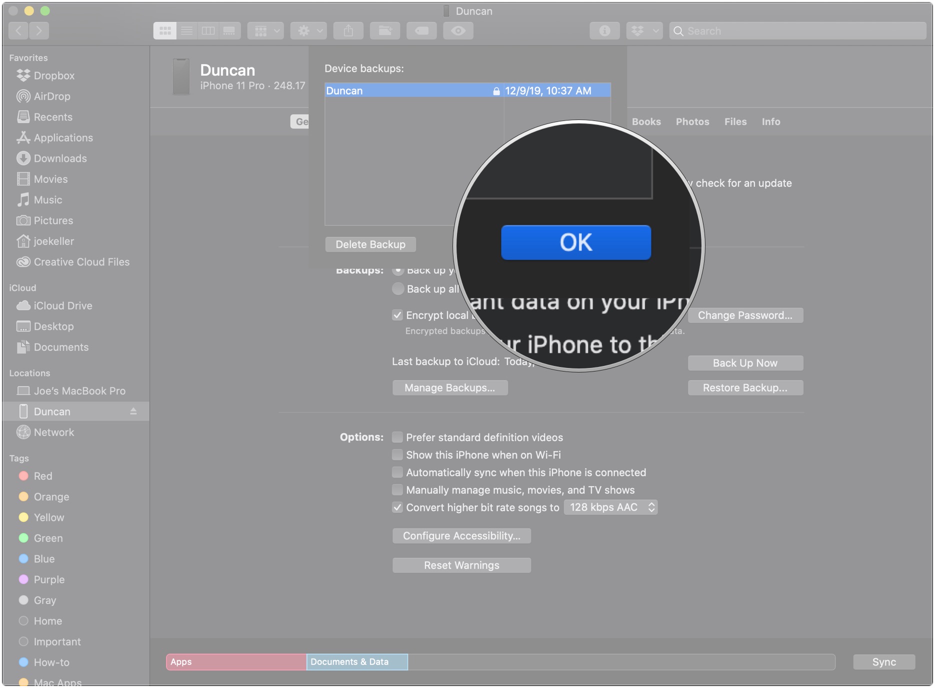 Резервное копирование iPhone или iPad в macOS Catalina, показывающее, как нажать «ОК», чтобы удалить резервную копию iPhone или iPad