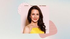 Kristen Davis smiling with long curled brunette hair over one shoulder, wearing a glossy coral lipstick and wearing a yellow dress, on a pastel watercolour background with pink graphics