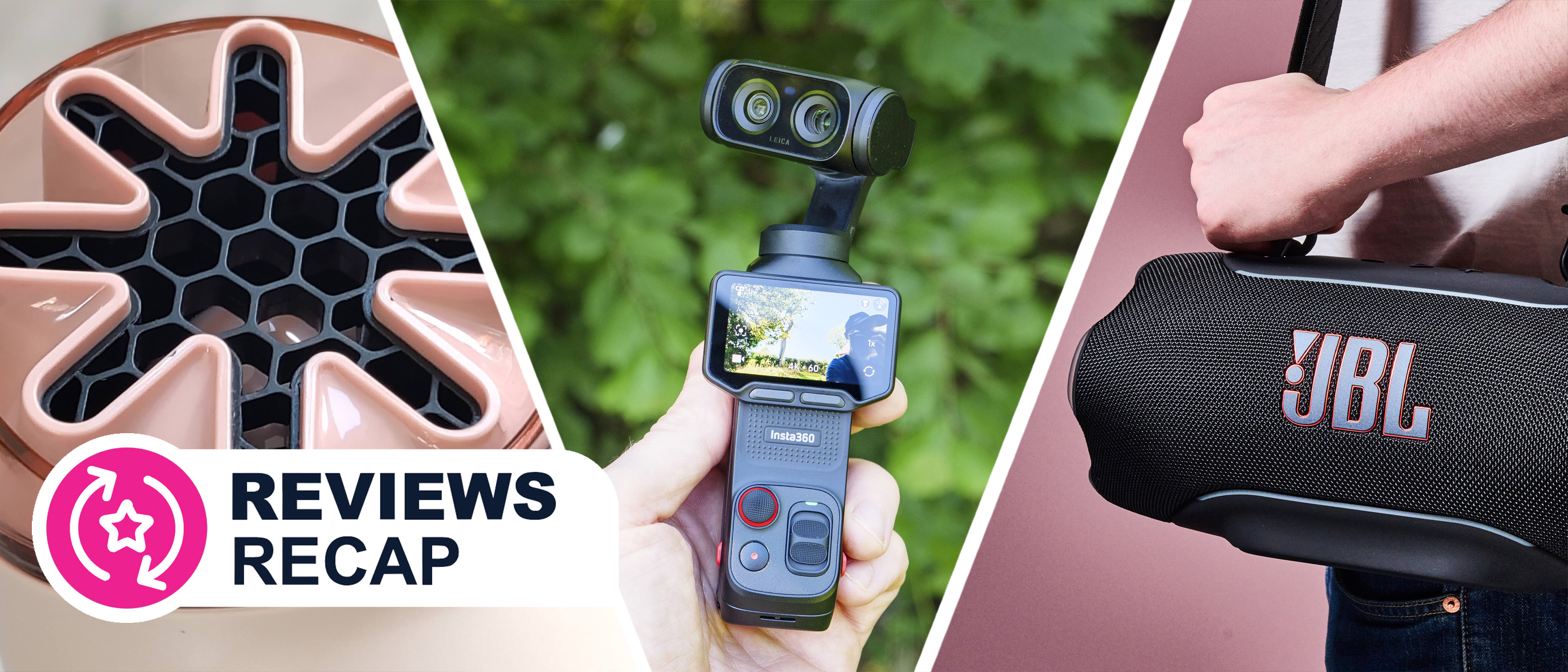 Three different gadgets, in a split image format, with a Reviews Recap logo in the corner