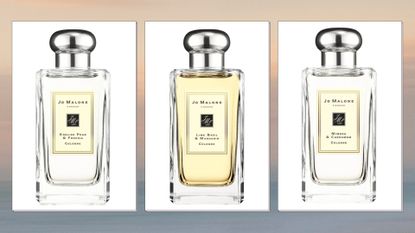 A selection of the best Jo Malone perfumes, including English Pear &amp; Freesia, Lime Basil &amp; Mandarin and Mimosa &amp; Cardamom/ pictured in a beige to blue sunset-style template