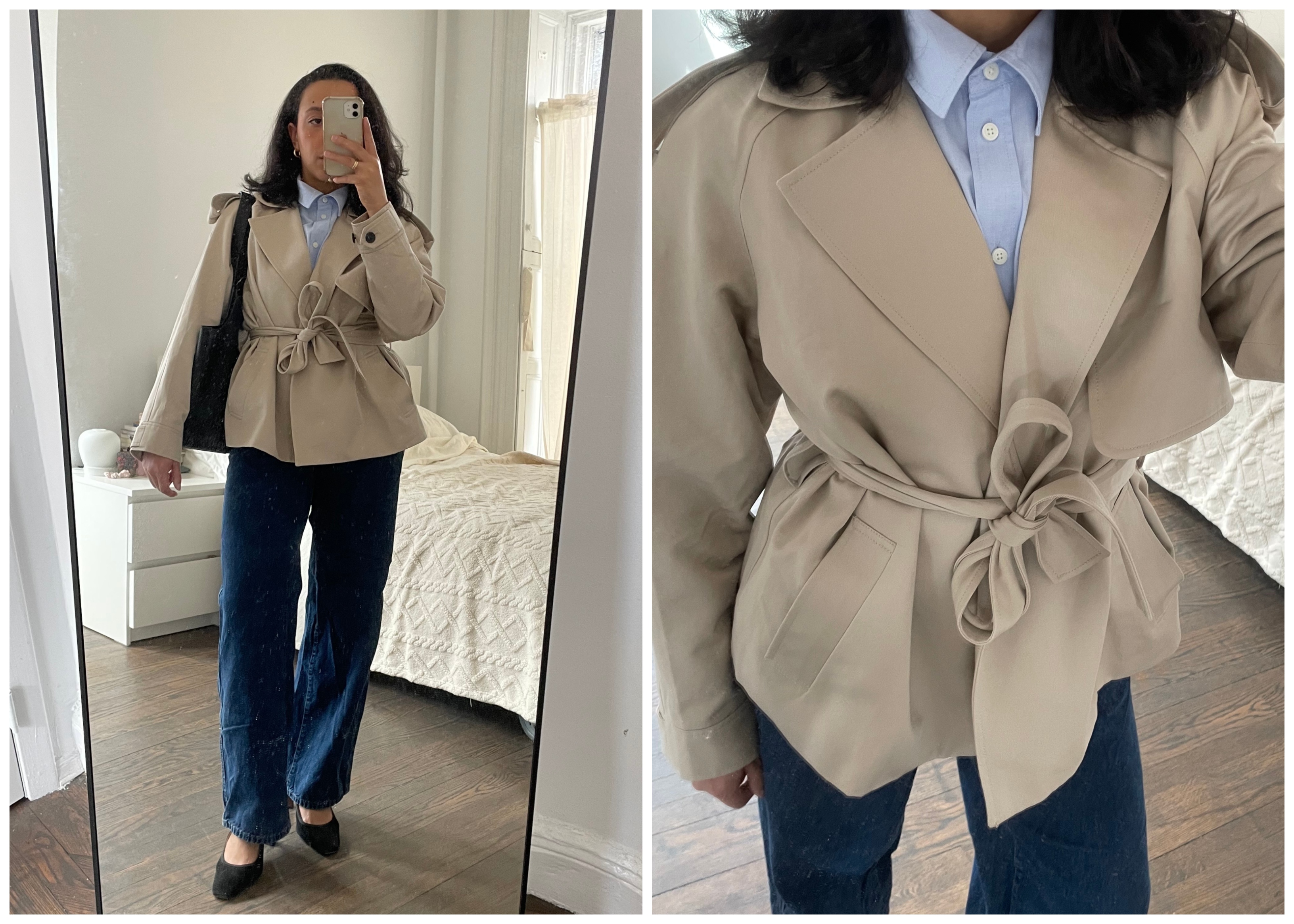 Lauren Tappan wearing a cropped trench coat and jeans