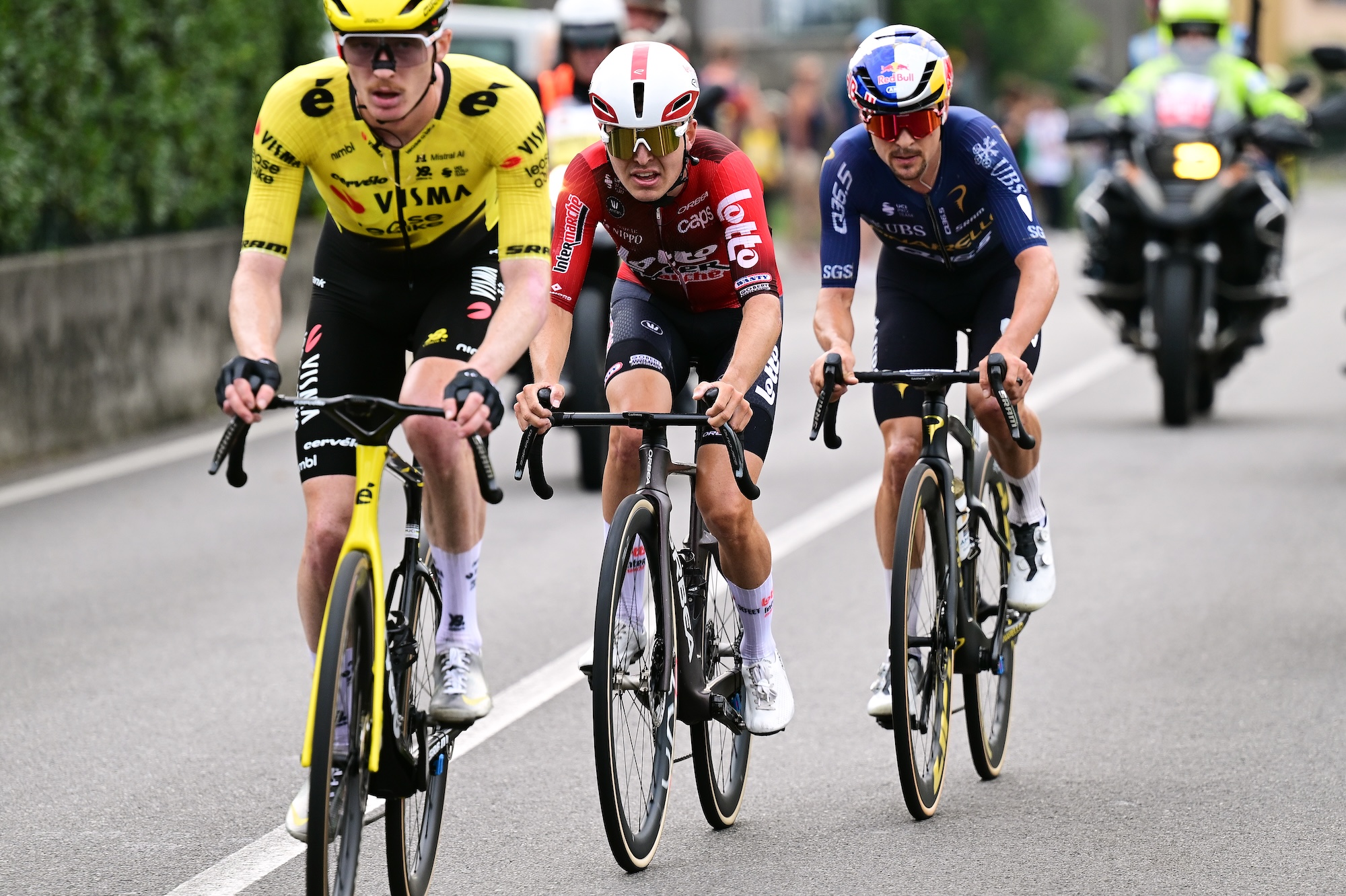 Matteo Jorgenson of Visma | Lease a Bike leads breakaway with Jarno Widar of Lotto Intermarch&amp;eacute; and Tom Pidcock of Pinarello Q36.5 Pro Cycling Team