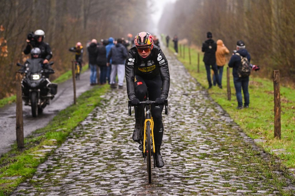 ROUBAIX FRANCE APRIL 06 Wout Van Aert of Belgium and Team JumboVisma during the ParisRoubaix 2023 Training Day 1 UCIWT on April 06 2023 in Roubaix France Photo by Luc ClaessenGetty Images