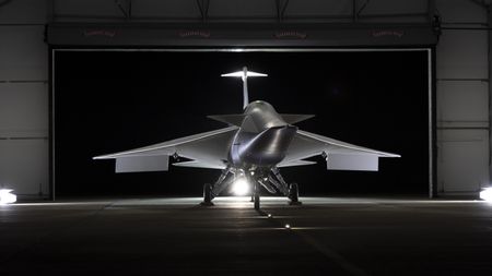 The X-59 jet at Lockheed Martin's Skunk Works facility in Palmdale on Jan. 12, 2024.
