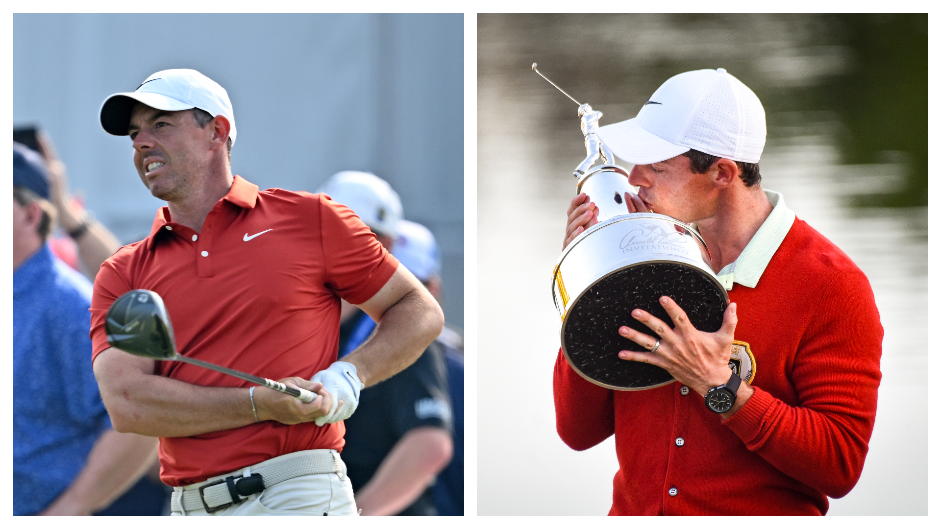 Two pictures of Rory McIlroy, one of him looking anxiously after a drive at the 2025 RBC Canadian Open and the other of him kissing 2018 Arnold Palmer Invitational trophy