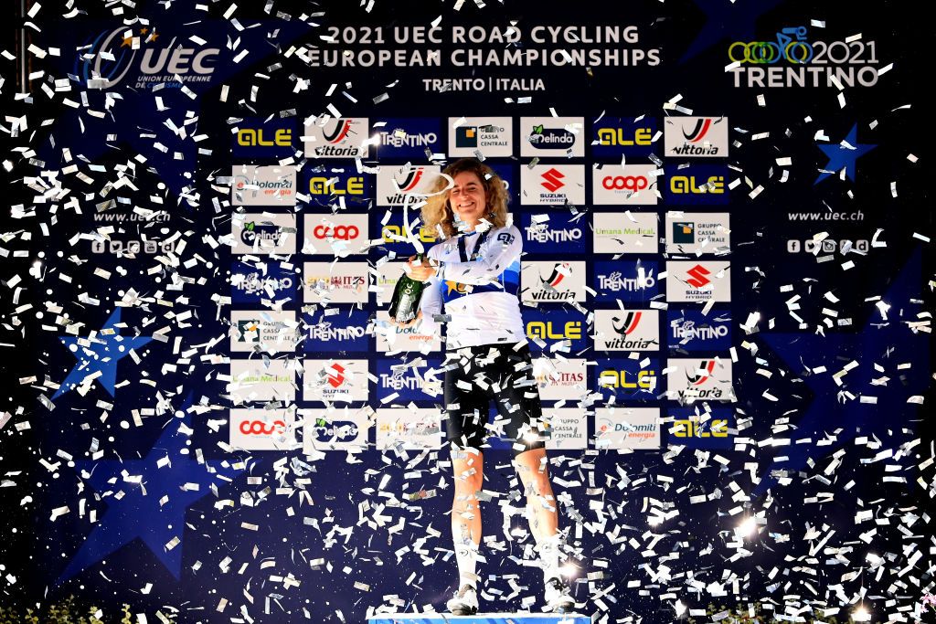 TRENTO ITALY SEPTEMBER 09 Gold medalist Marlen Reusser of Switzerland celebrates winning during the medal ceremony after the 27th UEC Road Cycling European Championships 2021 Elite Womens Individual Time Trial a 224km race from Trento to Trento UECcycling ITT on September 09 2021 in Trento Italy Photo by Justin SetterfieldGetty Images