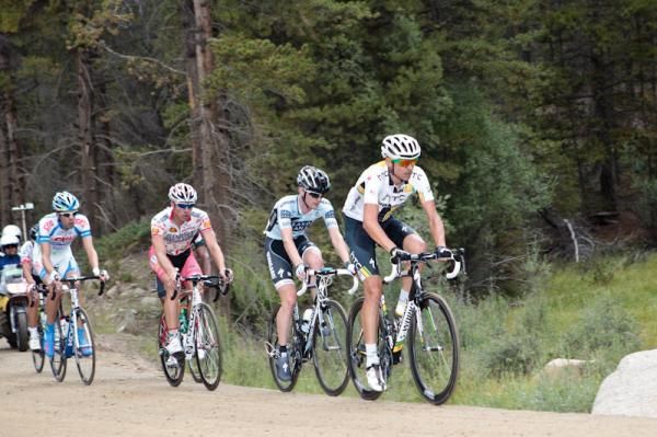 Danny Pate (HTC) leads the break over the dirt road climb.