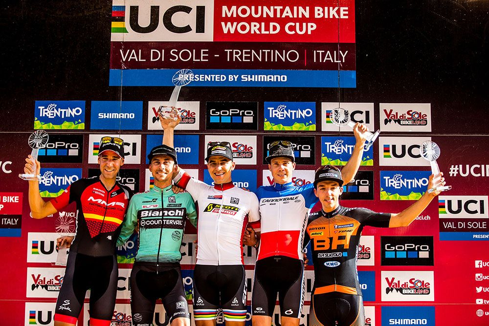 Final overall World Cup podium: David Valero, Stephane Tempier, Nino Schurter, Maxime Marotte, Jordan Sarrou