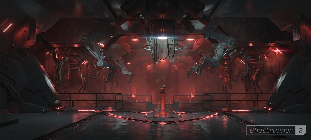 Ghostrunner 2 concept art of a severed head incorporated into a mainframe in a cavernous red room