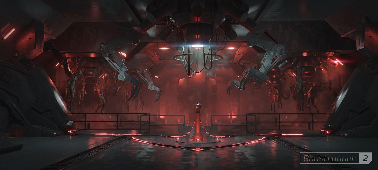 Ghostrunner 2 concept art of a severed head incorporated into a mainframe in a cavernous red room