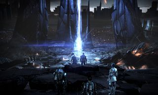 The Mass Effect squad stands before the giant space laser from the end of Mass Effect 3